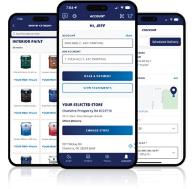 Three iPhones showcasing features of the Sherwin-Williams Pro App.